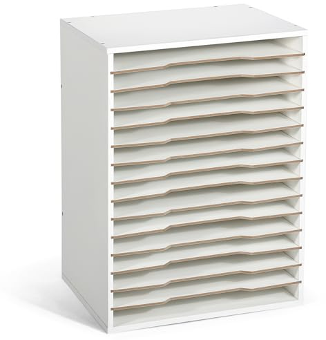 Caydo 15 Slot Paper Organizer Storage, Wood Adjustable Shelves Paper Storage Shelf with Extraction Slot for 12x12Inch Scrapbooks, Heat Transfer Papers, Files, Vinyl fo Office, Home (White)