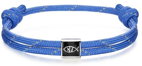 J.Endéar Bracciale Nautico Gesù Pesce | Gioielli Cristiani in Argento 925 per Uomo Donna Ragazzo | Bracciale Paracord per Surfer, Blu