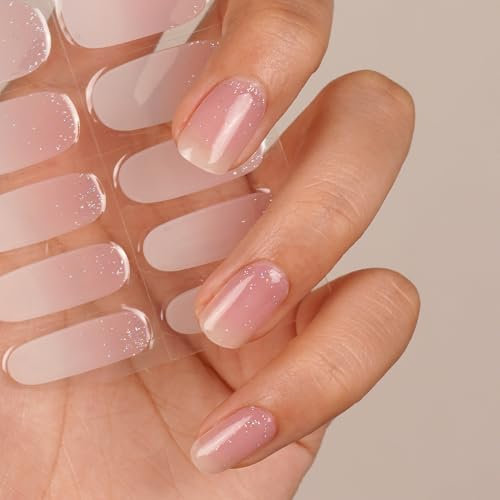 DANNI & TONI 28Pcs Pink Ombre Semi Cured Gel Nail Wraps,Transparent Fine Glitter Soft Self-Adhesive Nail Stickers,UV/LED Lamp Required Salon-Quality Gel Nail Polish Strips(Mystery Veil)