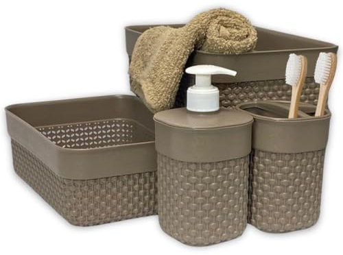 Set Accesorios Baño Estilo Rattan | Juego de 5 Piezas, Dispensador Jabón, Porta cepillos, Organizadores y Toalla | Kit de Accesorios de Baño (Marron)