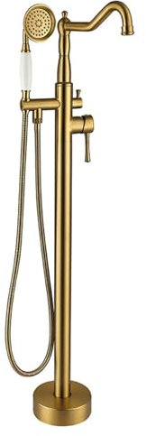 BiaoTeng Grifo de Pie para Bañera Exenta Monomando Frío y Caliente Rotación 360° Grifo de Bañera Exenta Grifo Bañera Suelo Oro Cepillado