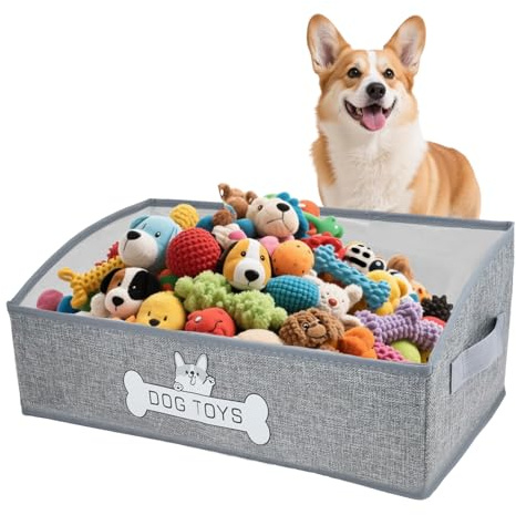 Jiayaus Large Dog Toy Box, Collapsible Dog Toy Basket, 50x28x20cm | Dog Toys Storage with Handles, Fabric Pet Storage for Pet Supplies, Toys Collars Clothes Treats, Grey