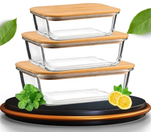 PZA Supply Meal Prep Glass Food Storage Containers Set - Environmentally Friendly, Bamboo Lids, Stackable, Airtight, Freezer & Dishwasher Safe