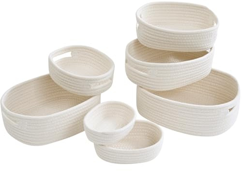 Sagittar Juego de 7 cestas de almacenamiento de cuerda de algodón tejida, cestas de almacenamiento tejidas a mano para estantes de baño, guardería, cestas organizadoras decorativas, color blanco
