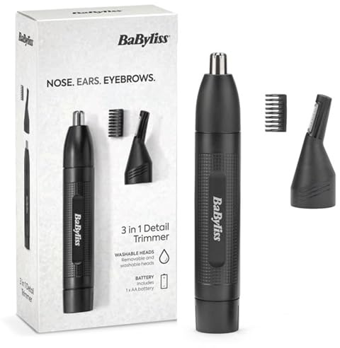 BaByliss 3-in-1 Hair Trimmer for Men, Eyebrow, Ear & Nose Trimmer, Grooming Kit with 2 Attachments, 2 Eyebrow Comb Guides, Battery-Powered, E652U