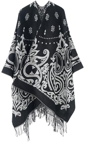 OIZEN Women’s Shawl Wrap, Open Front Poncho, Cape Cardigan, Oversized Sweaters for Fall and Winter,Black White