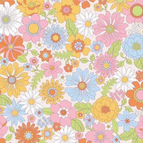 ANLIKY-Pro Self Adhesive Wallpaper, Frosted Fabric Small Floral Peel and Stick Contact Paper, 44x300CM Groovy Hippie Boho Flower Print Removable Wallpaper Decorative Film for Wall Decal