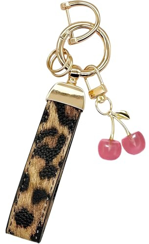 Vesavifaka Leather Keychain Wristlet Cherry Charms Car Keychain for Women Bag Purse Charms Key Fob Holder with Keyrings Gifts