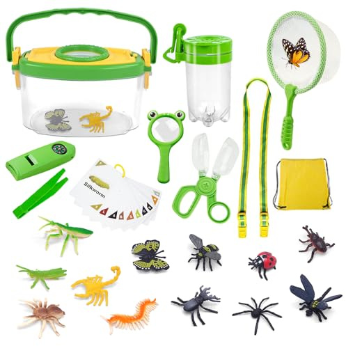 KBIBCK Kit Explorador Niños, 32 Piezas Kit Caza Insectos, con Caja Insectos, Lupa, Red de Mariposas, Pinzas, 12 Insectos Juguete, Ciencia y Naturaleza, Exploración