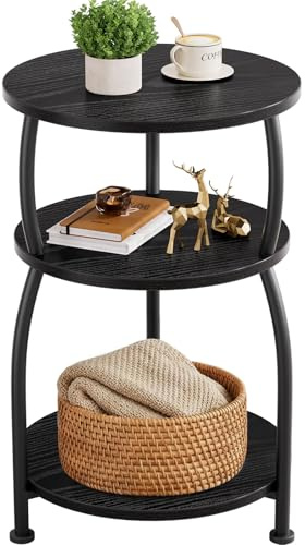 Yuede 3 Tier Side Table, Round Coffee Table, End Table with Storage Shelf, Bedside Table, for Living Room, Bedroom, Metal Frame, 40 x 61 cm, Black