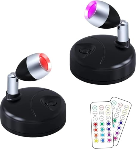 Yohiioyo Wireless LED Spotlight with Remote Control 2 Pack,Black | RGB Battery Spot Lights Indoor Art Lights Color Changing Mini Picture Light Dimmer Timer Wall Light Hallway Cupboards Tree