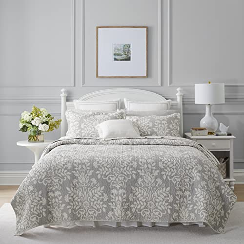Laura Ashley - Queen Quilt Set, Reversible Cotton Bedding with Matching Shams, Home Decor for All Seasons (Rowland Grey, Queen)
