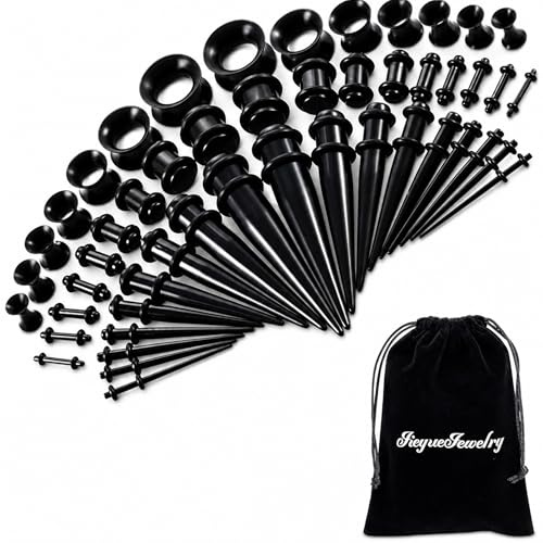 JieyueJewelry 50 Pieces Ear Stretching Kit 14G-00G Acrylic Tapers and Plugs + Silicone Tunnels - Ear Gauges Expander Set Body Jewelry (Black)