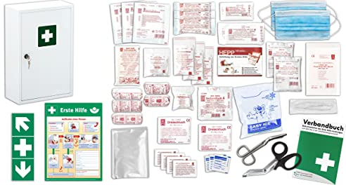 Erste Hilfe Schrank-Medizinschrank-Verbandschrank (300x140x460) -Komplettpaket- Füllung nach AKTUELLER DIN/EN 13157 (Betriebe) + viele Extras INKL. Verbandbuch + Aushang + Folienaufkleber