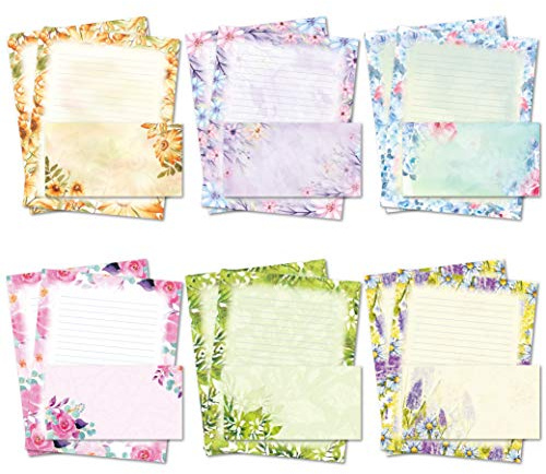 Stationary Writing Paper with Envelopes - Flora Stationery Set with Lined Letter Writing Paper, 48 Sheets + 24 Envelopes, 8.5 x 11 Inch of Each Stationary Paper