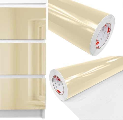DecoMeister Möbelfolie selbstklebend 100x500 cm | Einfarbig Klebefolie für Möbel | Klebefolie Möbel - einfache Anwendung, ideal für die Renovierung von Küche oder Bad | Möbelfolie | Beige Hochglanz