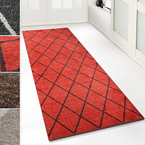 Floordirekt Teppich-Läufer Cosenza | Modernes Rauten-Design | Hochwertige Verarbeitung | Rutschhemmender Gelrücken | Erhältlich in 5 Farben & vielen Größen (80 x 200 cm, Rot)