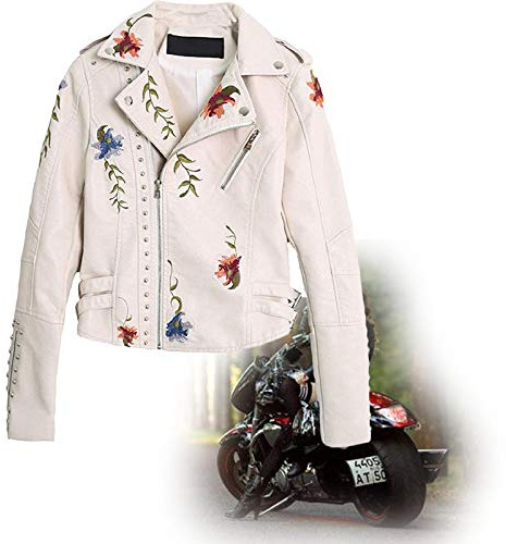 Femme Manteau en Cuir Beign Veste Fleurs Brodées Clouté Casual Manteau Biker Moto Coupe Slim Manches Longues，Veste Blazer De Moto en Simili Cuir Elégant Rivet Blousons avec Broderie XL Blanc