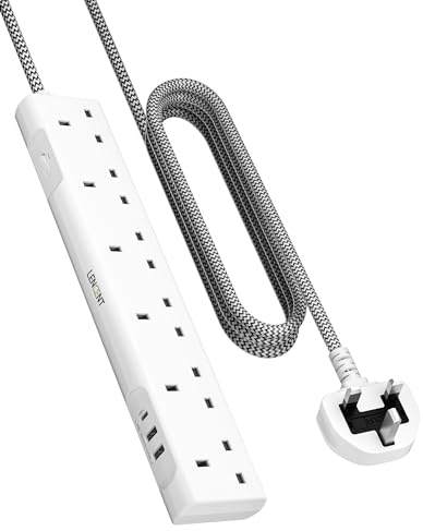 LENCENT Extension Lead with USB C Port, 3250W 13A, 6 Way Outlets Power Strip with 1 USB-C and 2 USB Slots, Multi Power Plug Extension with 1.8M Braided Extension Cord for Home Office, White