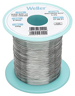 Weller WSW sac L0 (T0051387299) Filo Saldante, Ø 0.3mm, 500g, Lega Sn96.5Ag3.0Cu0.5, Contenuto di Fondente 3,5%, Silver