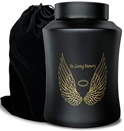 Grande urne funéraire pour Cendres humaines Adultes, jusqu'à 72 kg, Motif Ailes d'ange et Texte «in Loving Memory», décoration funéraire pour Homme ou Femme, avec Sac en Velours, Noir