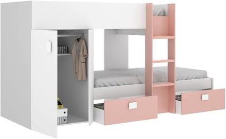 Dmora Bambini Cevedale, Cameretta Completa con Armadio e cassetti, Composizione Letto a Castello con Due lettini Singoli, 271x111h150 cm, Bianco e Rosa