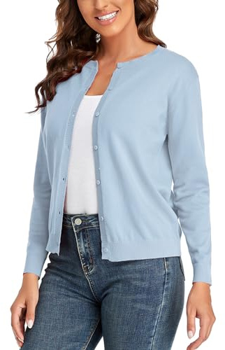 CUNYI Women’s Cardigan Long Sleeve Sweater Lightweight Classic Crew Neck Ladies Coat with Buttons Casual Open Front Elegant Outerwear, Blue S