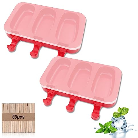 2 Pezzi Stampi per Ghiaccioli in Silicone, con Coperchio e 50 Bastoncini di legno, 3 Cavità Stampo in Silicone per Gelato Riutilizzabile, per Gelato al Cioccolato Congelato Fai da Te