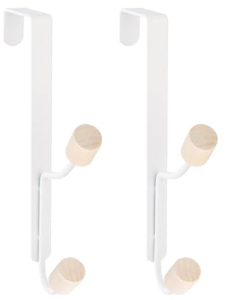 DEARBAG Crochets de Porte, 2 Pièces Porte Manteau pour Porte Sans Percage, Robuste Crochet Porte Manteau, Crochets Serviette Crochet à Vêtements avec 2 Crochets en Bois, Blanc