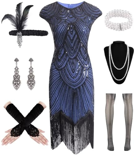 WILDPARTY 20-tals kostym dam Charleston-klänning, fransklänning med paljetter pärlor fransar nätstrumpor, Gatsby-klänning 20-talet accessoarer, vintage maffia kostym dam tillverkad i Kina