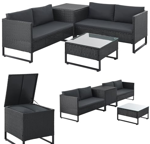 Juskys Outdoor Polyrattan Lounge Santorini - Gartenlounge mit Beistelltisch & Auflagenbox - Gartenmöbel Set Rattan Sitzecke wetterfest - Schwarz
