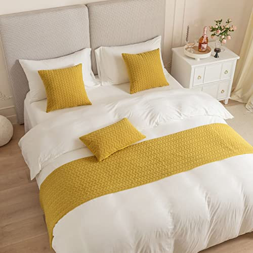 Fudaiki Bettläufer Gestepptes Bettschal Bettflagge Bettschwanzpolster Bettdecke Wellenmuster Wärmehaltung Betttuch für Sofa Schlafzimmer Hotelzimmer Gelb 210 x 45cm für 180cm Bett