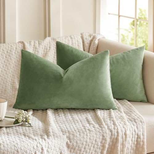 MIULEE 2er Set Samt Soft Solid Dekorative Quadrat Wurf Kissenbezüge Set Kissen Fall für Sofa Schlafzimmer Erbsen Grün 12x20 Zoll 30x50 cm