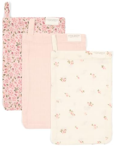 Little Dutch Waschlappen Waschhandschuh Musselin 3er Set für Baby und Kinder - Fairy Garden rosa