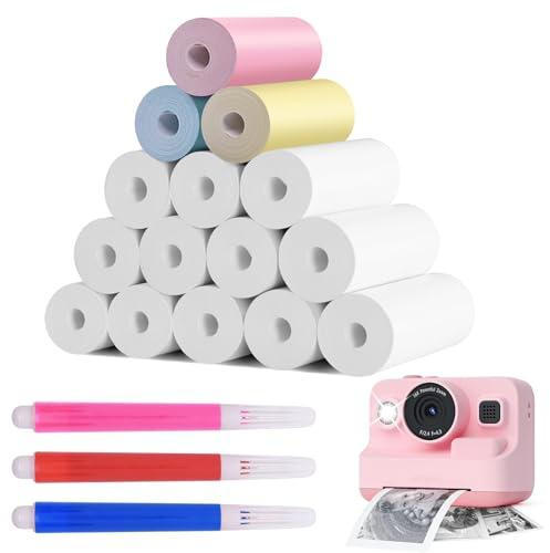 Furuising 15 Rolls Thermal Printer Paper for Instant Print Camera, 12 White and 3 Colourful Camera Paper Roll, 57 X 25mm Mini Printer Paper with 3 Colour Pens for Instant Digital Camera
