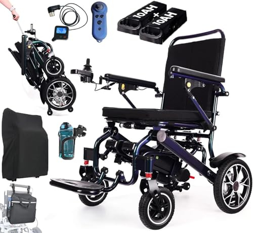 Neu Gradientenfarbe Elektrische Rollstühle, 35 km Reichweite mit 2 Lithium Batterien, Nur 19 kg, 500 W Faltbarer Elektrorollstuhl, Airline Approved, mit Teleskopstiel und Bluetooth Fernbedienung