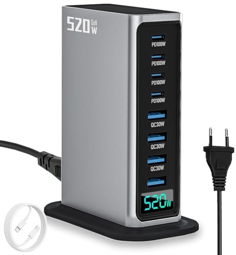 Cargador rápido USB, 520 W, USB C, cargador múltiple con pantalla digital, estación de carga USB de 8 puertos con GAN III y PD 3.0, estación de carga rápida con 4USB C y 4USB A para teléfono, tablets