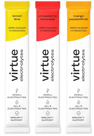 Virtue Électrolytes Sachets d’hydratation - Pack découverte | Zéro sucre | 6 électrolytes, sels minéraux hydratants, vitamine C (Pack de 12) [Lemon Lime, Limonade Fraise, Mangue & Fruit de la Passion]