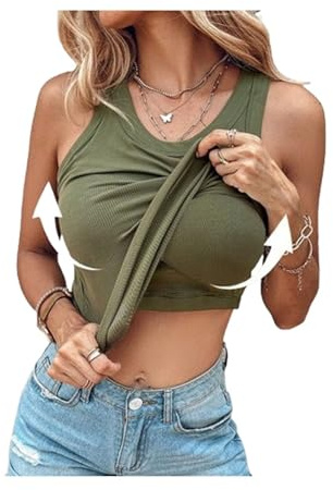 Ljus bh-tank, justerbar bred rem vadderad linne sommar kami-skjortor, Camis yoga skjorta bomull undertröja 2-pack, gRÖN, L