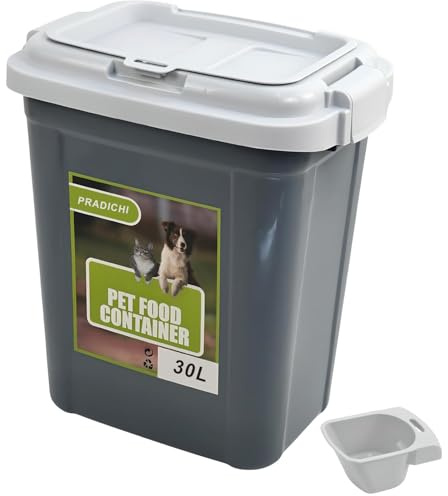PRADICHI Pet Food Storage Container with Flip-Top Locking Lid & Integrated Scoop – Airtight Plastic Bin for Dog, Cat, Bird & Animal Dry Food – 15kg Capacity – 20L / 30L / 40L (Grey, 30 L)