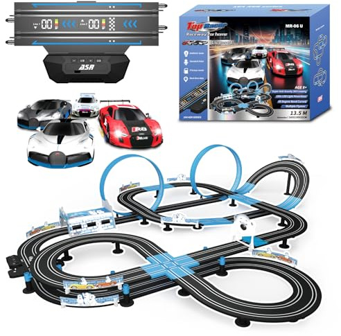 AGM MASETCH Slot Car Racing Set with LED Lap Counter, High Speed, Fuel Pit Stop, Voice Feedback, 4 Licensed Cars, 13.5m (44ft) Track, Electric or Battery Powered for Kids & Adults