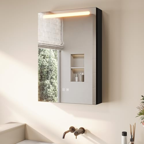 SONNI LED Spiegelschrank 70x48.5 cm schmal mit Organizer & Steckdose Holz
