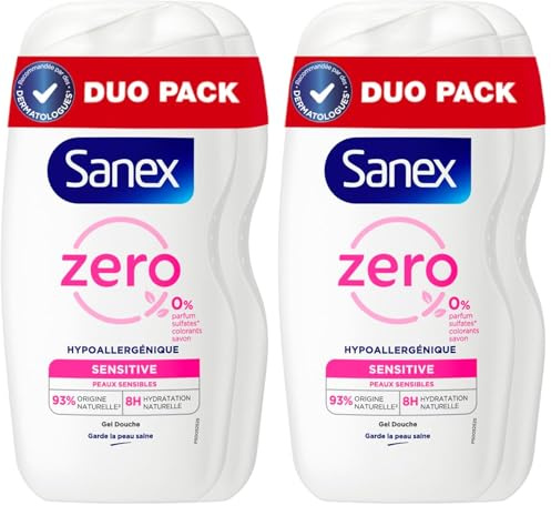 Sanex - Gel doccia ipoallergenico zero% sensitivo, 475 ml, non contiene profumi, coloranti solfato*, sapone, idratazione per 8 ore, dermatologicamente testato (Confezione da 2)