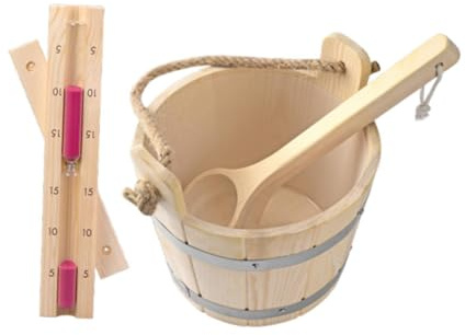budiniao Secchio per sauna in legno da 5 litri, mestolo e timer a clessidra, accessori essenziali per la sauna che non migliorano l'estetica, ma sono anche comodi da trasportare.