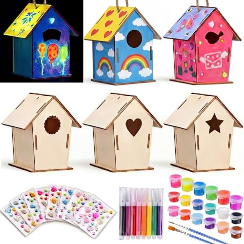 AceOrbit 12 Pack Glow in The Dark DIY Wooden Bird House Kits for Kids to Paint Unfinished Wooden Birdhouse with Sticker Paint Strips Watercolor Pen for Children Easter Crafts, 6 Shapes