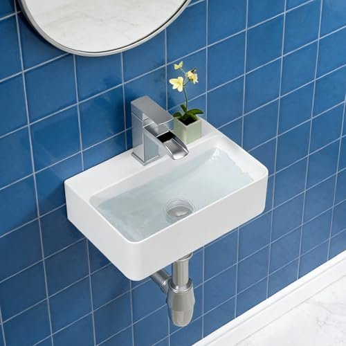 Lordear 14.5x10 Inch Small Wall Mounted Vessel Sink Floating Corner Bathroom Sink Wall hung Pure Glossy White Ceramic Wash Basin Sink 14.5x10x4.2 Inch for Tiny Room