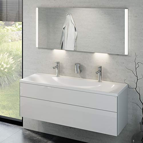 Keuco Badmöbelset mit Waschtisch, Waschbeckenunterschrank mit Frontauszug Hochglanz-weiß, LED Spiegel dimmbar, Badezimmermöbel Set, Badschrank mit Waschbecken, Breite 130 cm Royal Reflex