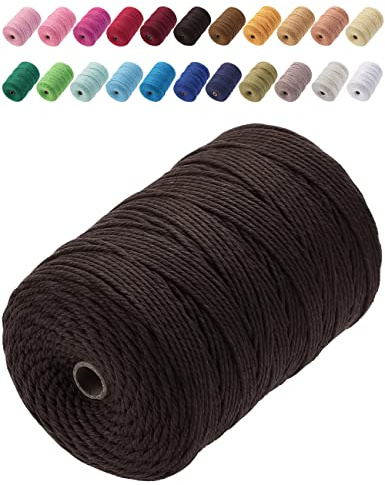 GOHOF Macrame Cord, 3mm x 200m Premium Cotton, 4 Strand Twisted, Dark Brown