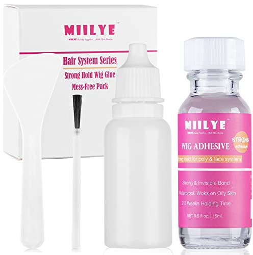 Waterproof Wig Glue, Clear| Invisible| Mess-Free MIILYE Hair Replacement Bonding Glue, Strong Hold Acrylic Adhesive for Lace Front Wigs and Poly Hairpieces, Toupee, Cosmetic Hair Systems, 0.5oz/ 15ml