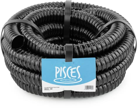Pisces Flexible Pond Hose Pipe | 25mm (1 inch) x 5 Metre Roll | Corrugated Black Tubing for Filter Pumps and UVC Systems